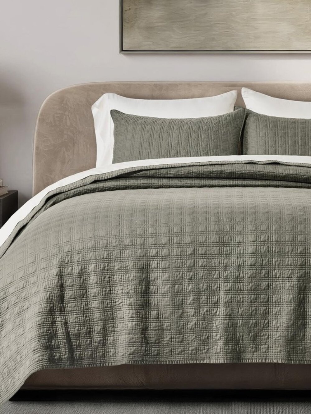 EVERGRACEHOME Cotton Sateen Windowpane Quilt Set King Size, Stone Sage